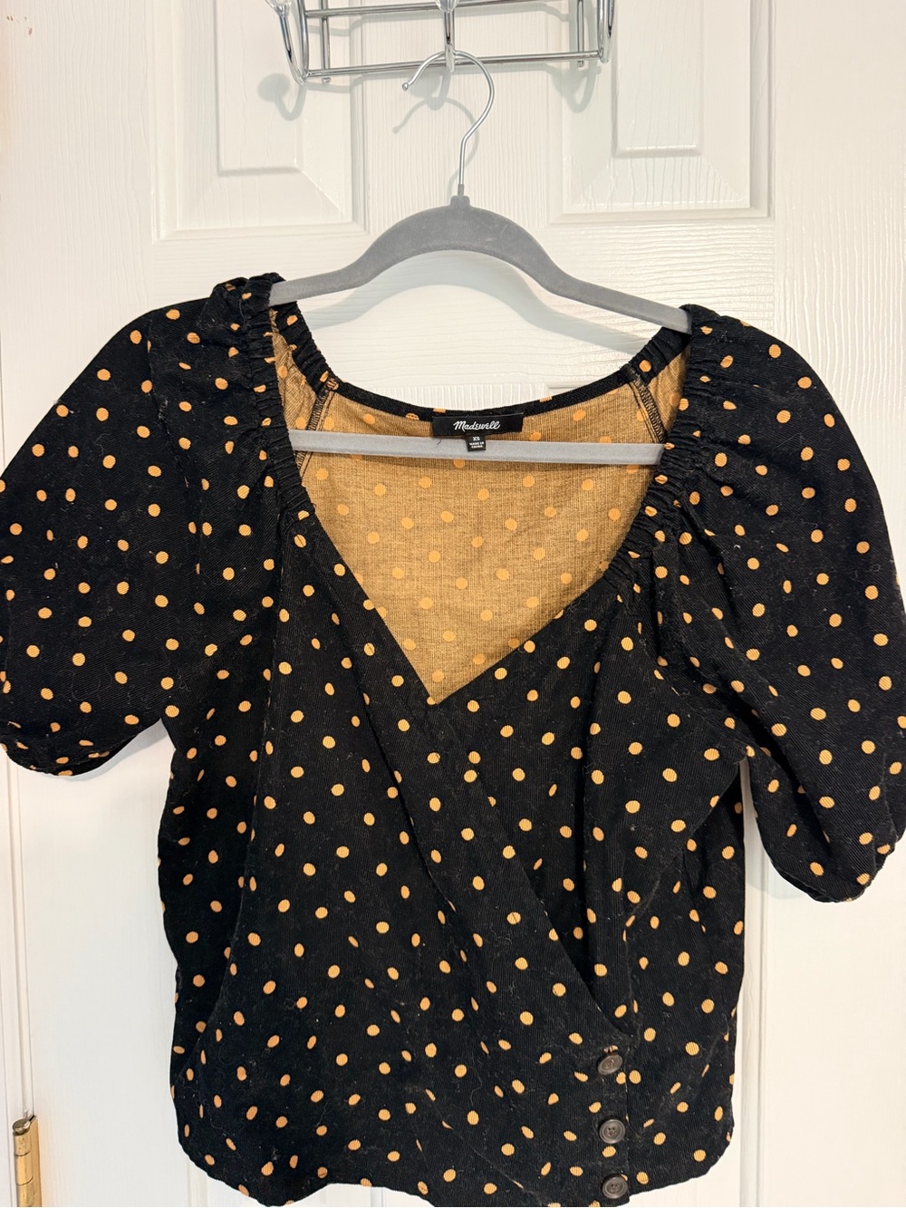 Madewell Black Trim Top with Mustard Polka Dots